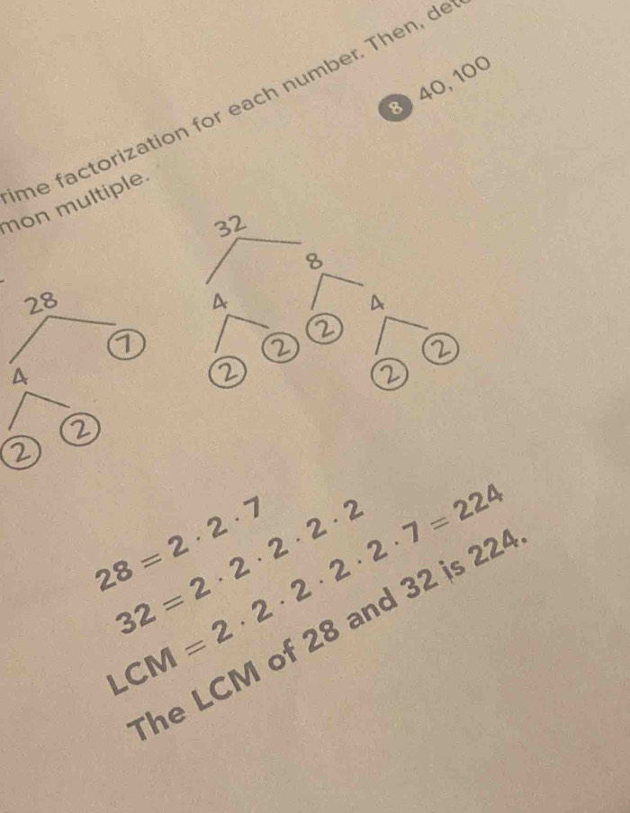 8 ) 40, 100
me factorization for each number. Then, de 
mon multiple.
32
8
28
① 
② 
② 
② 
A 
② 
② 
② 
②
28=2· 2· 7
LCM=2· 2· 2· 2· 2· 7=224
32=2· 2· 2· 2· 2
The LCM of 28 and 32 is 22