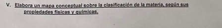 Elabora un mapa conceptual sobre la clasificación de la materia, según sus 
propiedades físicas y químicas,