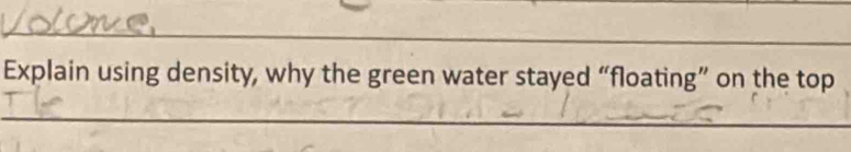 Explain using density, why the green water stayed “floating” on the top 
_