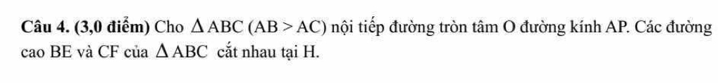 (3,0 điểm) Cho △ ABC(AB>AC) nội tiếp đường tròn tâm O đường kính AP. Các đường 
cao BE và CF của △ ABC cắt nhau tại H.