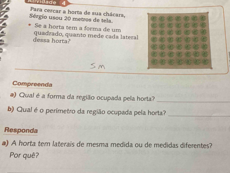 Anvidade 
Para cercar a horta de sua chácara, 
Sérgio usou 20 metros de tela. 
Se a horta tem a forma de um 
quadrado, quanto mede cada lateral 
dessa horta? 
Compreenda 
a) Qual é a forma da região ocupada pela horta?_ 
b) Qual é o perímetro da região ocupada pela horta?_ 
Responda 
a) A horta tem laterais de mesma medida ou de medidas diferentes? 
Por quê?