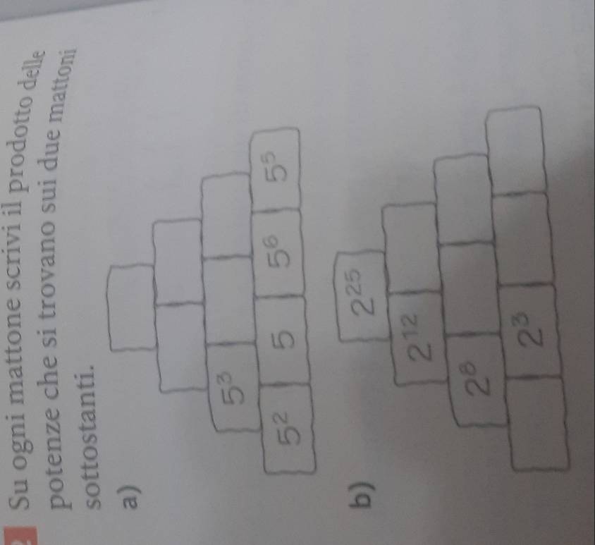 Su ogni mattone scrivi il prodotto delle
potenze che si trovano sui due mattoni
sottostanti.
a)
b)