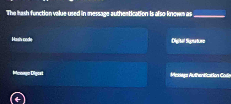 Solved: The hash function value used in message authentication is also ...