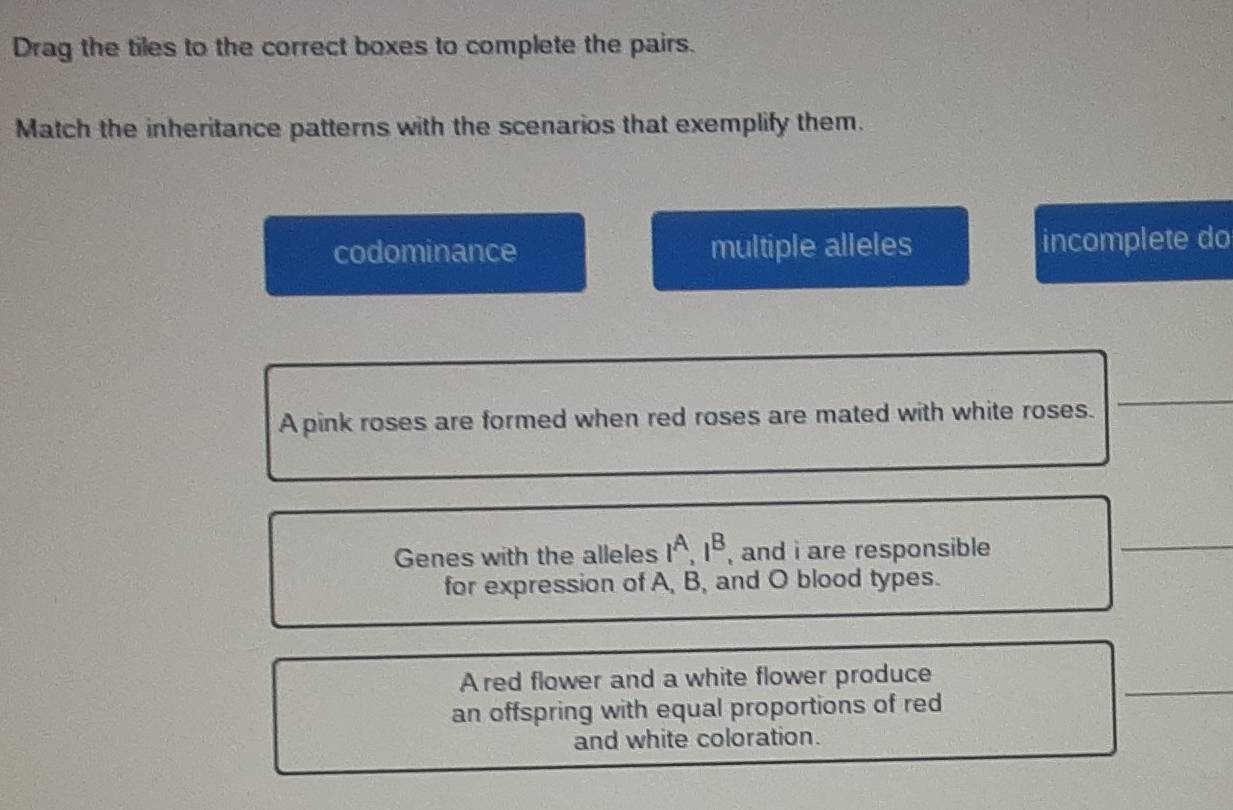 Drag the tiles to the correct boxes to complete the pairs.
Match the inheritance patterns with the scenarios that exemplify them.
codominance multiple alleles incomplete do
A pink roses are formed when red roses are mated with white roses.
_
Genes with the alleles l^A, l^B , and i are responsible 
_
for expression of A, B, and O blood types.
A red flower and a white flower produce
an offspring with equal proportions of red
_
and white coloration.