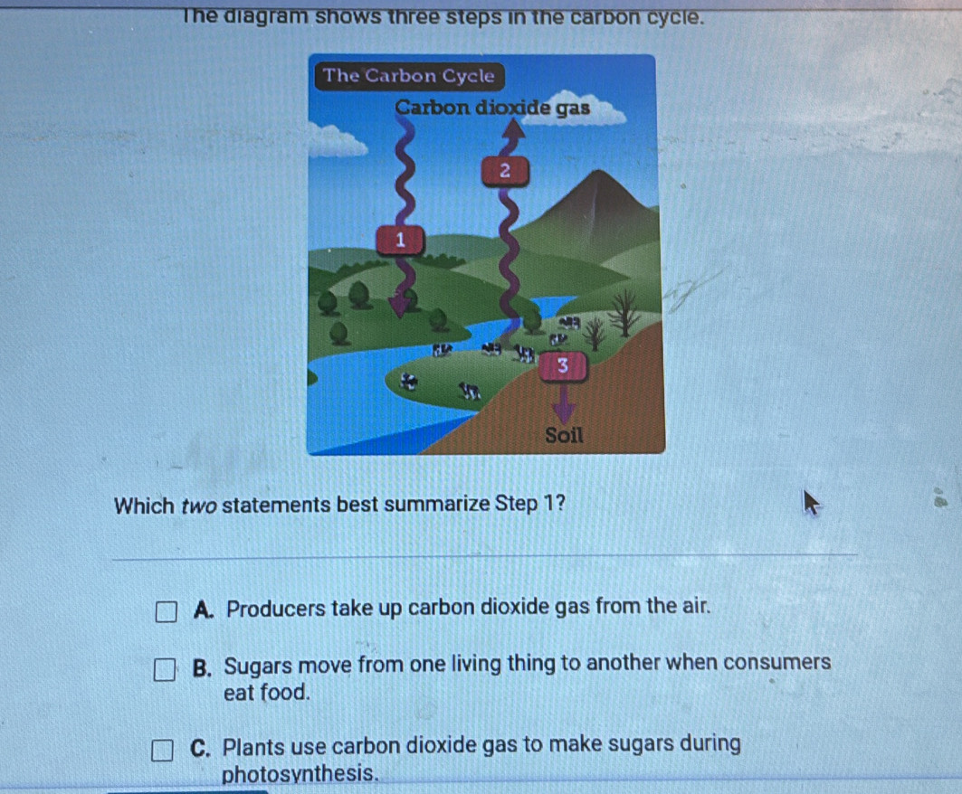 Solved: The diagram shows three steps in the carbon cycle. Which two ...