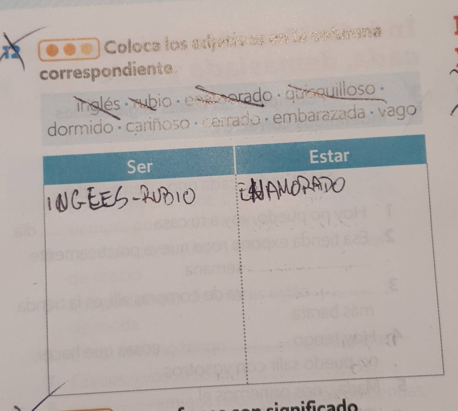 Coloca los adjetivos en la columna
correspondiente.
inglés - rubio - ensmorado - quisquilloso -
ñoso - cerrado - embarazada - vago
s gnificado