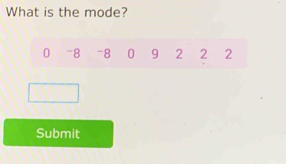 What is the mode?
0 -8 -8 0 9 2 2 2
Submit