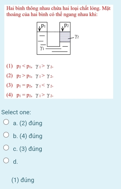 Hai bình thông nhau chứa hai loại chất lỏng. Mặt
thoáng của hai bình có thể ngang nhau khi:
downarrow^(P_1) downarrow^(P_2)
gamma _2
gamma _1
(1) p_2 , gamma _1>gamma _2. 
(2) p_2>p_1, gamma _1>gamma _2. 
(3) p_1=p_2, gamma _1 . 
(4) p_1=p_2, gamma _1>gamma _2. 
Select one:
a. (2) đúng
b. (4) đúng
c. (3) đúng
d.
(1) đúng