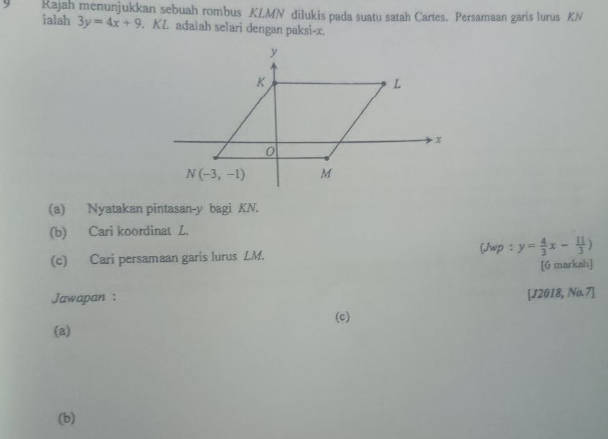 Kajah menunjukkan sebuah rombus KLMN dilukis pada suatu satah Cartes. Persamaan garis lurus KN
ialah 3y=4x+9. KL adalah selari dengan paksi-x.
(a) Nyatakan pintasan-y bagi KN.
(b) Cari koordinat L.
(Jwp : y= 4/3 x- 11/3 )
(c) Cari persamaan garis lurus LM.
[G markah]
Jawapan : [J2018, No.7]
(c)
(a)
(b)