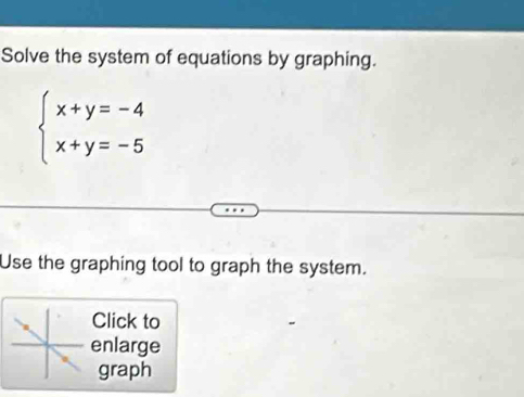 Solve the system of equations by graphing.
beginarrayl x+y=-4 x+y=-5endarray.
Use the graphing tool to graph the system. 
Click to 
enlarge 
graph