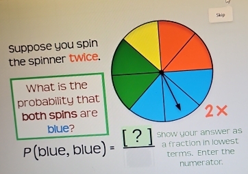 Skip 
Suppose you spin 
the spinner twice. 
What is the 
probability that 
both spins are 
blue?
P(blue,blue)= =_ [?] Show your answer as 
a fraction in lowest 
terms. Enter the 
numerator.