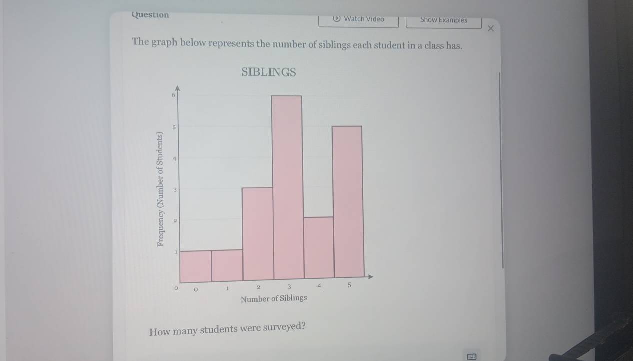 Question Watch Video Show Examples 
The graph below represents the number of siblings each student in a class has. 
SIBLINGS
6
5
4
3
2
1
。 1 2 3 4 5
Number of Siblings 
How many students were surveyed?