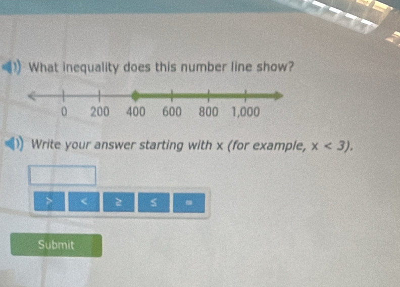 What inequality does this number line show? 
Write your answer starting with x (for example, x<3).

s . 
Submit