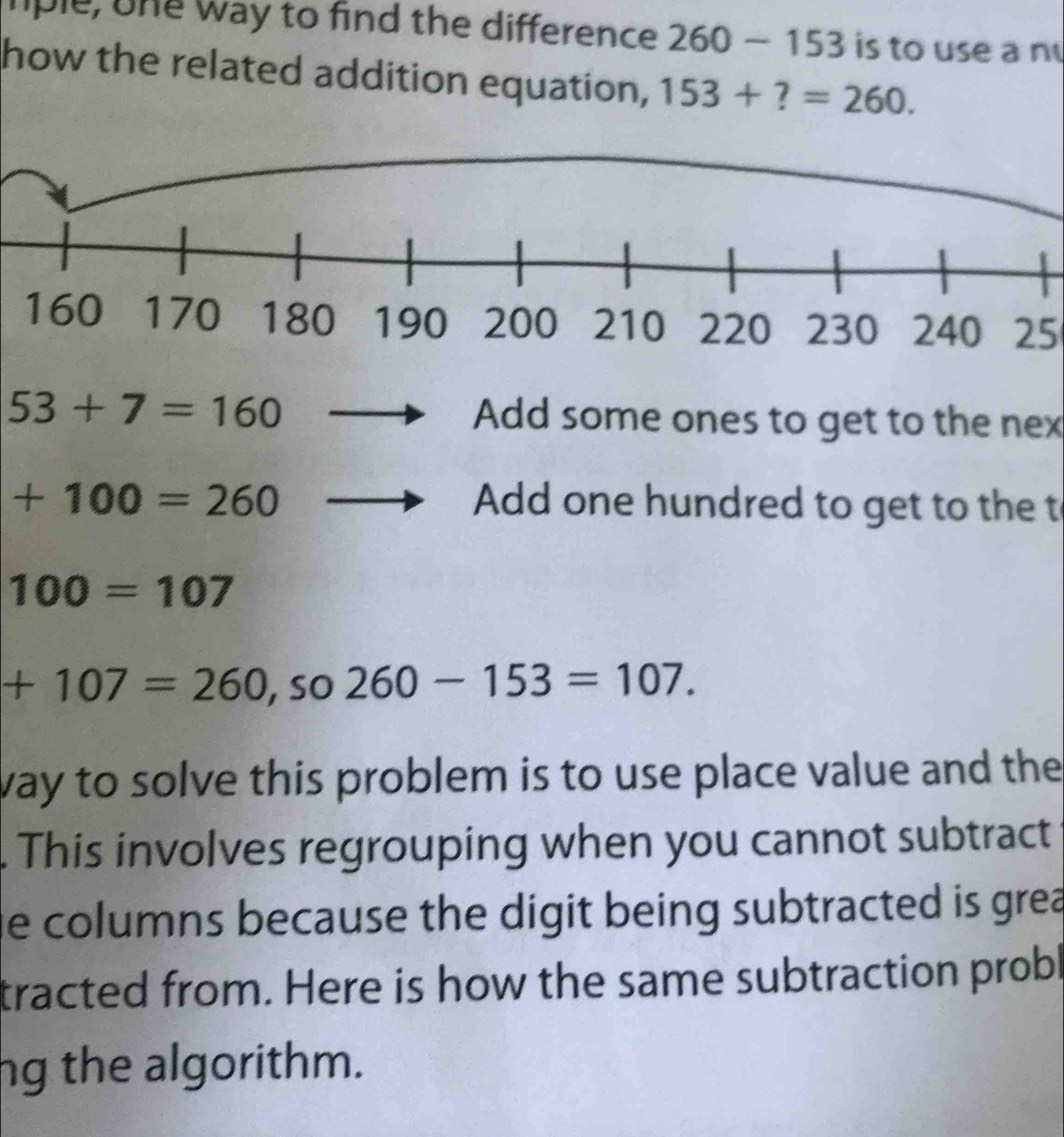 lple, tne way to find the difference 260-153 is to use a n
how the related addition equation, 153+?=260.
25
53+7=160 Add some ones to get to the nex
+100=260 Add one hundred to get to the t
100=107
+107=260 , so 260-153=107. 
way to solve this problem is to use place value and the 
This involves regrouping when you cannot subtract
he columns because the digit being subtracted is gre 
tracted from. Here is how the same subtraction probl
ng the algorithm.