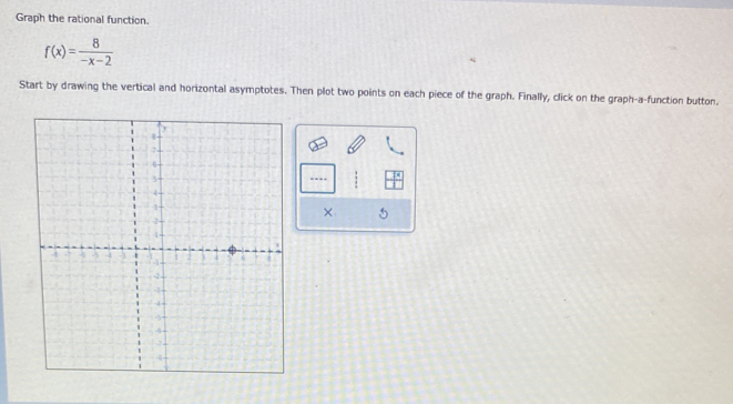 Graph the rational function.
f(x)= 8/-x-2 
Start by drawing the vertical and horizontal asymptotes. Then plot two points on each piece of the graph. Finally, click on the graph-a-function button. 
… 
× 5