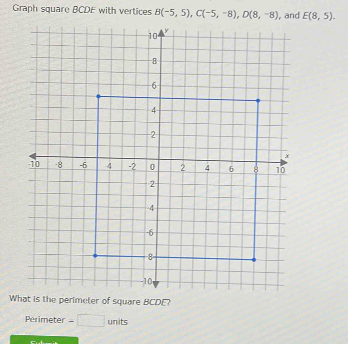 Graph square BCDE with vertices B(-5,5), C(-5,-8), D(8,-8) , and E(8,5). 
W perimeter of square BCDE? 
Perimeter =□ units