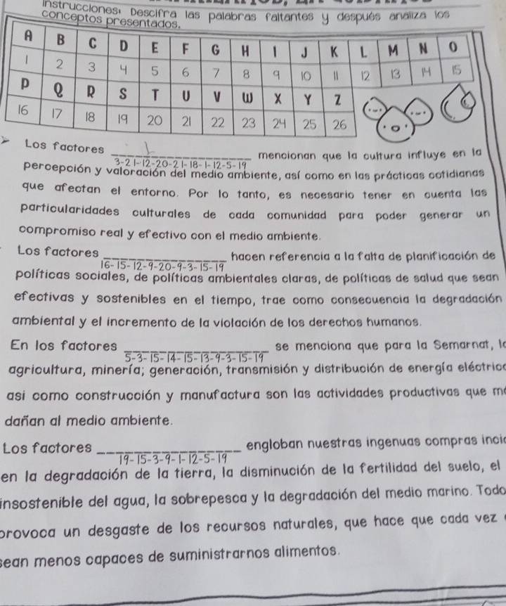 Instrucciones: Descifra las palabras faltantes y después analiza los 
conce 
actore 
_ 2 1 - 12 -20 -2 1 -18− 1 - 12 - 5 - 19 mencionan que la cultura influye en la 
percepción y valoración del medio ambiente, así como en las prácticas cotidianas 
que afectan el entorno. Por lo tanto, es necesario tener en cuenta las 
particularidades culturales de cada comunidad para poder generar un 
compromiso real y efectivo con el medio ambiente. 
Los factores _hacen referencia a la falta de planificación de
− 15 - 12 - 9 -20 - 9 -3 - 15 - 19
políticas sociales, de políticas ambientales claras, de políticas de salud que sean 
efectivas y sostenibles en el tiempo, trae como consecuencia la degradación 
ambiental y el incremento de la violación de los derechos humanos. 
En los factores _se menciona que para la Semarnat, la 
agricultura, minería; generación, transmisión y distribución de energía electrica 
asi como construcción y manufactura son las actividades productivas que má 
dañan al medio ambiente. 
Los factores _engloban nuestras ingenuas compras inci
− 15 - 3 - 9−1 - 12 -5
en la degradación de la tierra, la disminución de la fertilidad del suelo, el 
insostenible del agua, la sobrepesca y la degradación del medio marino. Todo 
provoca un desgaste de los recursos naturales, que hañe que cada vez 
sean menos capaces de suministrarnos alimentos.