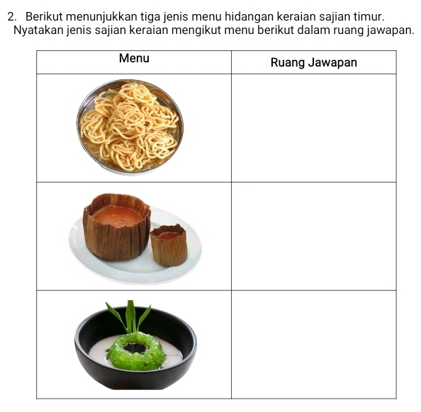 Berikut menunjukkan tiga jenis menu hidangan keraian sajian timur. 
Nyatakan jenis sajian keraian mengikut menu berikut dalam ruang jawapan.