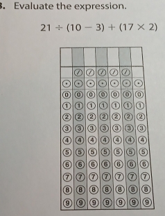 Evaluate the expression.
21/ (10-3)+(17* 2)