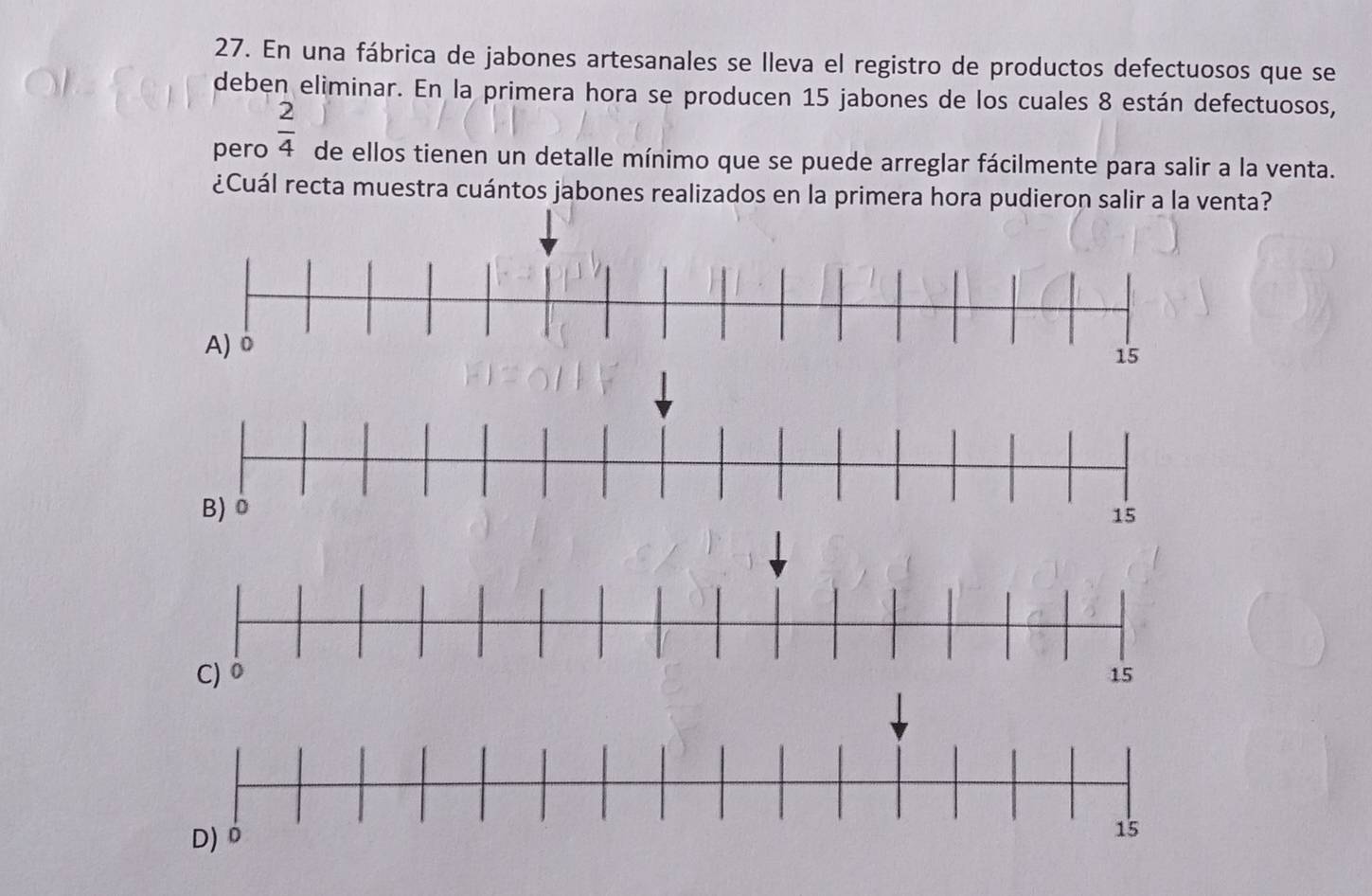 En una fábrica de jabones artesanales se lleva el registro de productos defectuosos que se 
deben eliminar. En la primera hora se producen 15 jabones de los cuales 8 están defectuosos, 
pero  2/4  de ellos tienen un detalle mínimo que se puede arreglar fácilmente para salir a la venta. 
¿Cuál recta muestra cuántos jabones realizados en la primera hora pudieron salir a la venta?