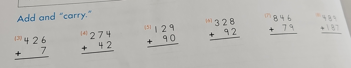 Add and “carry.”
beginarrayr 846 +79 hline endarray beginarrayr 489 +187 hline endarray
beginarrayr (3)426 +7 hline endarray
beginarrayr (4)274 +42 hline endarray
beginarrayr (5)129 +90 hline endarray
beginarrayr 328 +92 hline endarray