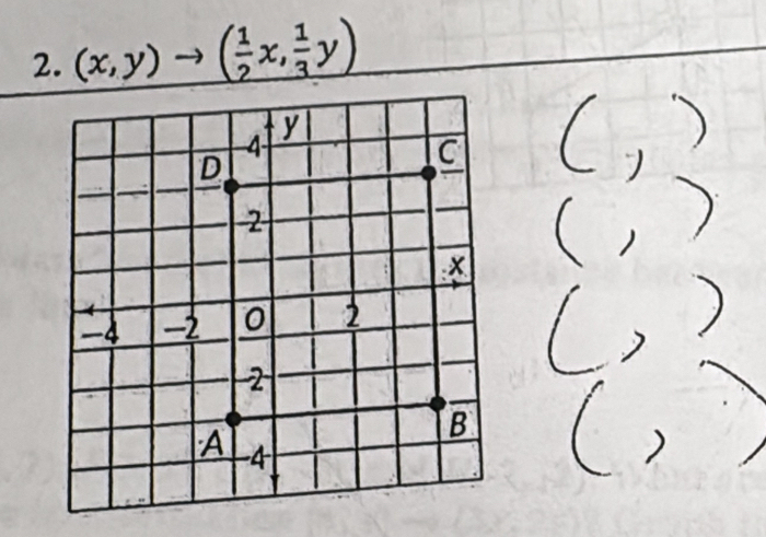 (x,y)to ( 1/2 x, 1/3 y)
y
4
D 
C
2
x
-4 -2 0 2
2
B 
A -4