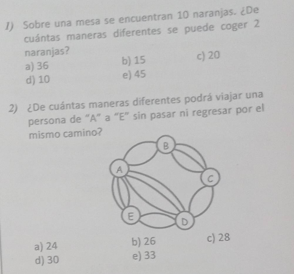 Sobre una mesa se encuentran 10 naranjas. ¿De
cuántas maneras diferentes se puede coger 2
naranjas?
a) 36 b) 15 c) 20
d) 10 e) 45
2) ¿De cuántas maneras diferentes podrá viajar una
persona de “A” a “E” sin pasar ni regresar por el
mismo camino?
a) 24 b) 26 c) 28
d) 30 e) 33