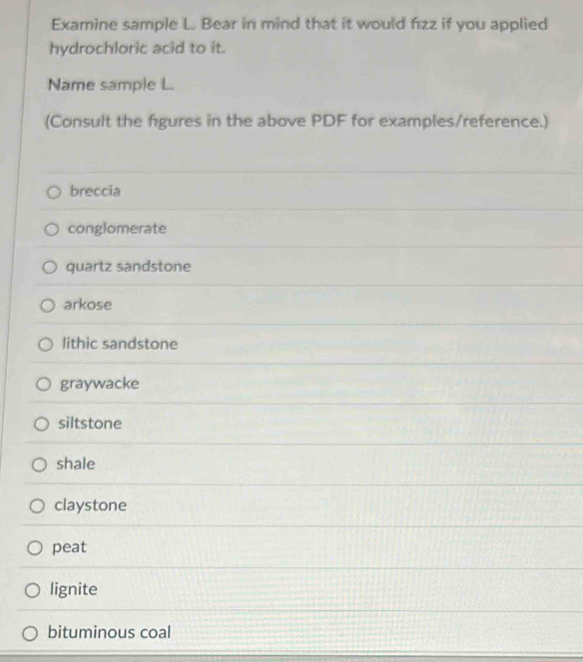 Examine sample L. Bear in mind that it would fizz if you applied
hydrochloric acid to it.
Name sample L.
(Consult the figures in the above PDF for examples/reference.)
breccia
conglomerate
quartz sandstone
arkose
lithic sandstone
graywacke
siltstone
shale
claystone
peat
lignite
bituminous coal