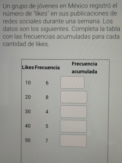 Un grupo de jóvenes en México registró el 
número de "likes" en sus publicaciones de 
redes sociales durante una semana. Los 
datos son los siguientes. Completa la tabla 
con las frecuencias acumuladas para cada 
cantidad de likes.