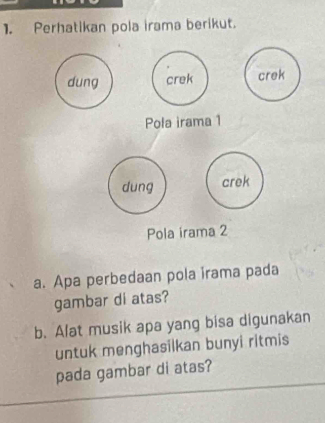 Perhatikan pola irama berikut. 
dung crek crek 
Poła irama 1
dung 
crek 
Pola irama 2
a. Apa perbedaan pola irama pada 
gambar di atas? 
b. Alat musik apa yang bisa digunakan 
untuk menghasilkan bunyi ritmis 
pada gambar di atas?