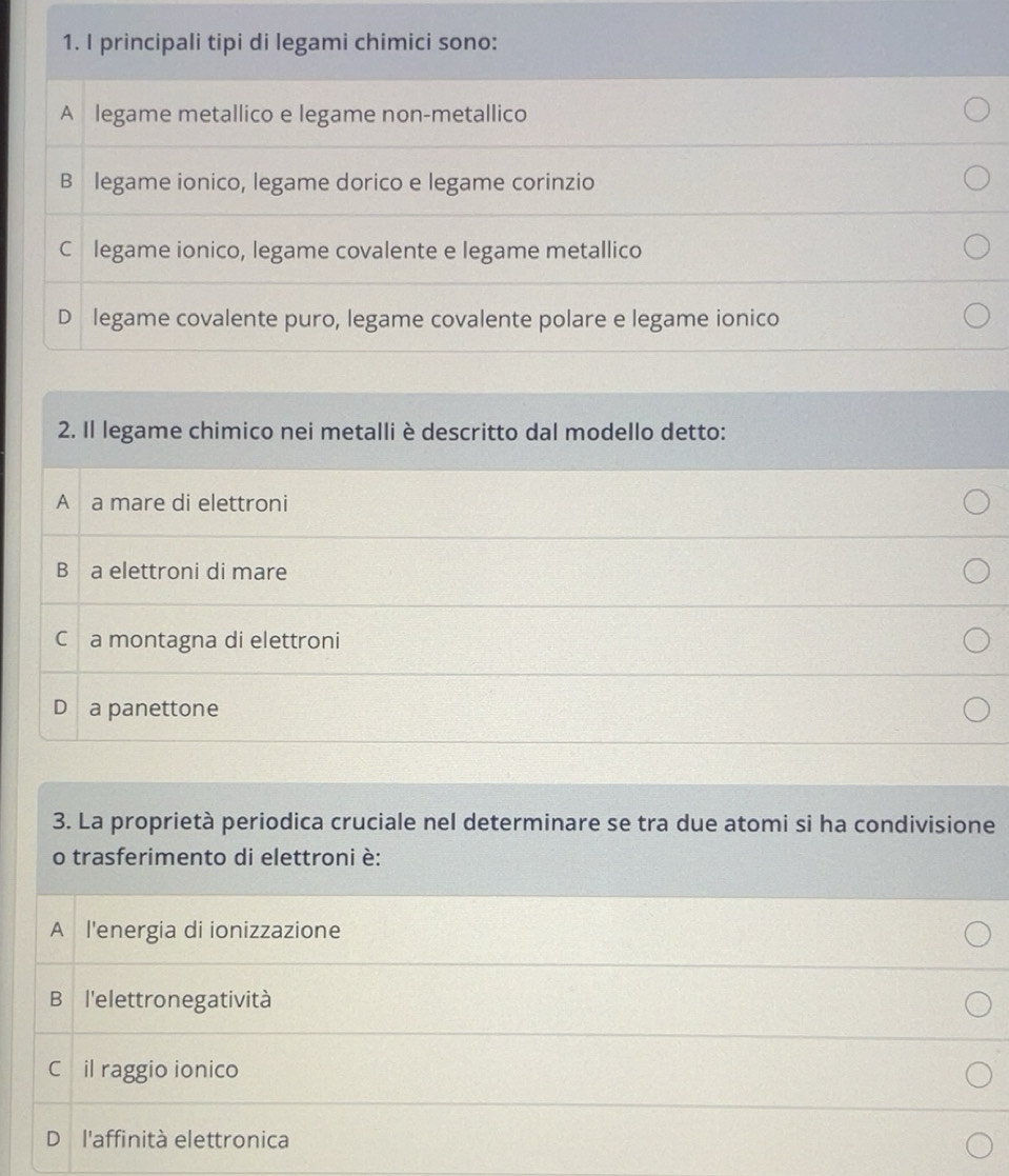 Risolto:principali tipi di legami chimici sono: A legame metallico e ...