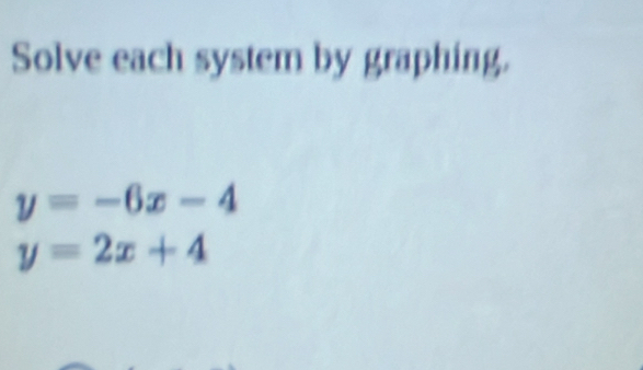 Solve each system by graphing.
y=-6x-4
y=2x+4