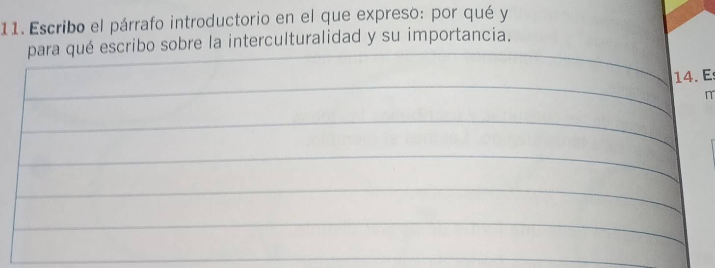 Escribo el párrafo introductorio en el que expreso: por qué y 
para qué escribo sobre la interculturalidad y su importancia. 
14. E 
m