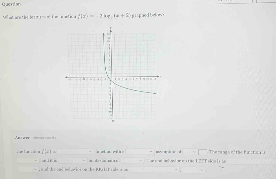 Question 
What are the features of the function f(x)=-2log _3(x+2) graphed below? 
Answer Attempt 1 out of 2 
The function f(x) is function with a asymptote of . The range of the function is 
, and it is on its domain of . The end behavior on the LEFT side is as 
, and the end behavior on the RIGHT side is as