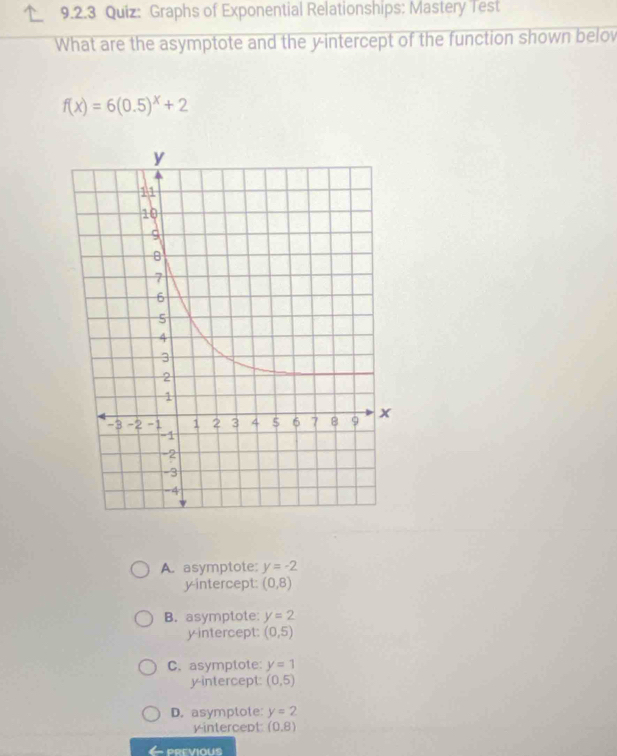 Graphs of Exponential Relationships: Mastery Test
What are the asymptote and the y-intercept of the function shown belov
f(x)=6(0.5)^x+2
A. asymptote: y=-2
yintercept: (0,8)
B. asymptote: y=2
y-intercept: (0,5)
C. asymptote: y=1
y-intercept: (0,5)
D. asymptote: y=2
y-intercept: (0,8)
- PREVIOUS