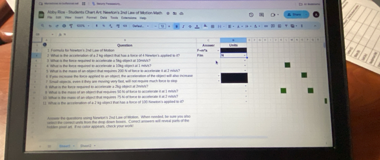 Sonury Passsaoury 
Abby Rios - Students Chart Art: Newton's 2nd Law of Motion Math ☆ d db 
Fle Eoll View Insert Format Data Tools Extensions Help _ Share 
a 100% Defaul = b + 
C 6 - L s n . 
Question Answer Units 
1 Formula for Newton's 2nd Law of Motion F=m*a
2 What is the acceleration of a 2 kg object that has a force of 4 Newton's applied to it? Fim 
3. What is the force required to accelerate a 5kg object at 10m/s/s? 
4 What is the force required to accelerate a 10kg object at 1 m/s/s? 
5 What is the mass of an object that requires 200 N of force to accelerale it at 2 m/s/s? 
6 lf you increase the force applied to an object, the acceferation of the object will also increase
7 Small objects, even it they are moving very fast, will not require much force to stop 
8 What is the force required to accelerate a 2kg object at 2mV/s's? 
9 What is the mass of an object that requires 50 N of force to accelerate it at 1 m/s/s? 
10 What is the mass of an object that requires 75 N of force to accellerate it at 2 m/s/s? 
11 What is the acceleration of a 2 kg object that has a force of 100 Newton's applied to it? 
Answer the questions using Newlon's 2nd Law of Motion. When needed, be sure you alsc 
sellect the correct units from the drop down boxes. Correct answers will reveal parts of the 
hidden pixal art. If no color appears, check your work! 
Shaetl Sheet2 。