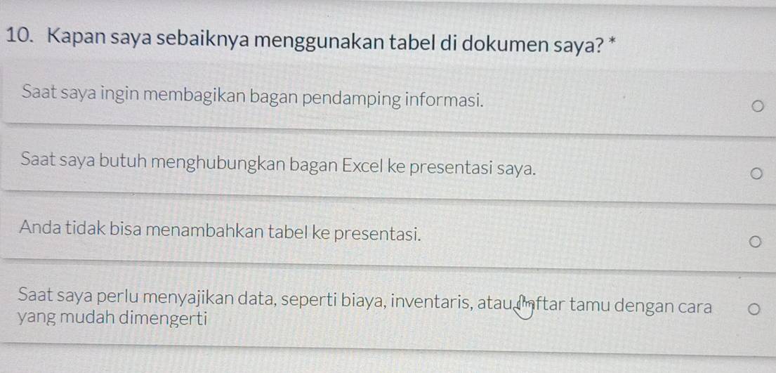 Kapan saya sebaiknya menggunakan tabel di dokumen saya? *
Saat saya ingin membagikan bagan pendamping informasi.
Saat saya butuh menghubungkan bagan Excel ke presentasi saya.
Anda tidak bisa menambahkan tabel ke presentasi.
Saat saya perlu menyajikan data, seperti biaya, inventaris, atau nftar tamu dengan cara
yang mudah dimengerti