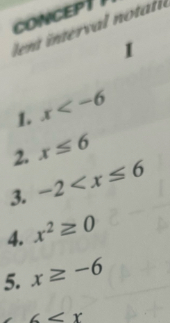 CONCEPT 
I 
1. x
2. x≤ 6
3. -2
4. x^2≥ 0
5. x≥ -6
6