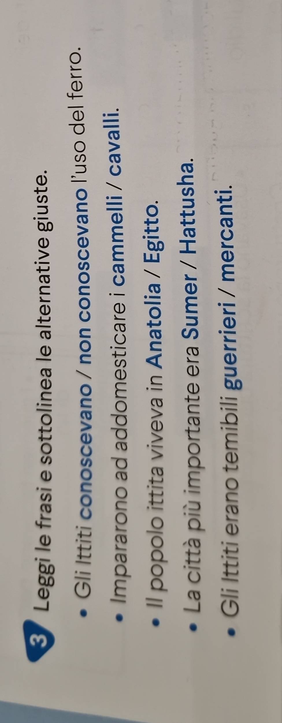 Leggi le frasi e sottolinea le alternative giuste. 
Gli Ittiti conoscevano / non conoscevano l’uso del ferro. 
Impararono ad addomesticare i cammelli / cavalli. 
ll popolo ittita viveva in Anatolia / Egitto. 
La città più importante era Sumer / Hattusha. 
Gli Ittiti erano temibili guerrieri / mercanti.