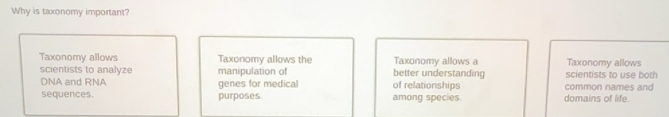 Solved: Why is taxonomy important? Taxonomy allows Taxonomy allows the ...