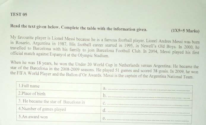 TEST 05 
Read the text given below. Complete the table with the information given. (1X5=5 Marks) 
My favourite player is Lionel Messi because he is a famous football player. Lionel Andres Messi was born 
in Rosario, Argentina in 1987. His football career started in 1995, in Newell's Old Boys. In 2000, he 
travelled to Barcelona with his family to join Barcelona Football Club. In 2004, Messi played his first 
official match against Espanyol at the Olympic Stadium. 
When he was 18 years, he won the Under 20 World Cup in Netherlands versus Argentina. He became the 
star of the Barcelona in the 2008-2009 seasons. He played 51 games and scored 38 goals. In 2009, he won 
the FIFA World Player and the Ballon d’Or Awards. Messi is the captain of the Argentina National Team.