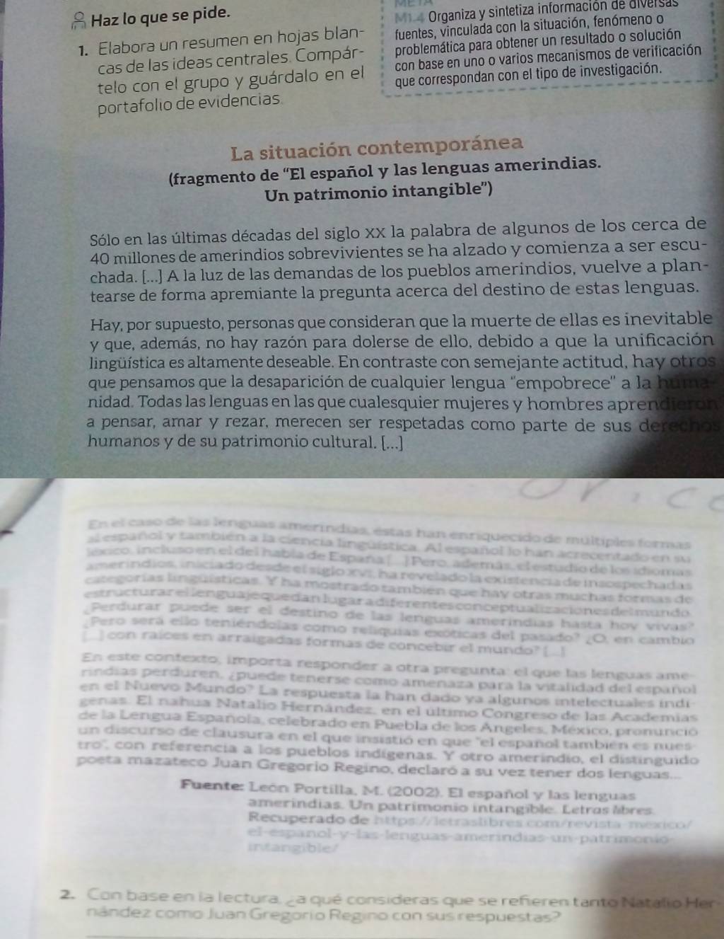 Haz lo que se pide.
M1.4 Organiza y sintetiza información de diversas
fuentes, vinculada con la situación, fenómeno o
1. Elabora un resumen en hojas blan- problemática para obtener un resultado o solución
con base en uno o varios mecanismos de verificación
cas de las ideas centrales. Compár-
telo con el grupo y guárdalo en el que correspondan con el tipo de investigación.
portafolio de evidencias
La situación contemporánea
(fragmento de “El español y las lenguas amerindias.
Un patrimonio intangible”)
Sólo en las últimas décadas del siglo XX la palabra de algunos de los cerca de
40 millones de amerindios sobrevivientes se ha alzado y comienza a ser escu-
chada. [...] A la luz de las demandas de los pueblos amerindios, vuelve a plan-
tearse de forma apremiante la pregunta acerca del destino de estas lenguas.
Hay, por supuesto, personas que consideran que la muerte de ellas es inevitable
y que, además, no hay razón para dolerse de ello, debido a que la unificación
lingüística es altamente deseable. En contraste con semejante actitud, hay otros
que pensamos que la desaparición de cualquier lengua ''empobrece'' a la huma
nidad. Todas las lenguas en las que cualesquier mujeres y hombres aprendieron
a pensar, amar y rezar, merecen ser respetadas como parte de sus derechos
humanos y de su patrimonio cultural. [...]
En el caso de las lenguas amerindias, estas han enriquecido de multiples formas
al español y también a la ciencia lingüística. Al español lo han acrecentado en su
sxico, incluso en el del había de España [.] Pero, además, el estudio de los idiomas
amerindios, iniciado desde el siglo xVI, ha revelado la existencia de insospechadas
eategorías linguísticas. Y ha mostrado también que hay otras muchas formas de
e cructurar el lengua je quedan lugar  adiferentes conceptual izaciónes  de l mundo
Perdurar puede ser el destino de las lenguas amerindias hasta hov vivas?
Pero será ello teniéndolas como reliquias exóticas del pasado? ¿O, en cambio
_] con raíces en arraigadas formas de concebir el mundo? [ _]
En este contexto, importa responder a otra pregunta: el que las lenguas ame
rindias perduren. ¿puede tenerse como amenaza para la vitalidad del español
en el Nuevo Mundo? La respuesta la han dado ya algunos intelectuales indi
genas. El nahua Natalio Hernández, en el último Congreso de las Academias
de la Lengua Española, celebrado en Puebla de los Angeles, México, pronunció
un discurso de clausura en el que insistió en que "el español también es nues
tro' con referencia a los pueblos indígenas. Y otro amerindio, el distinguido
poeta mazateco Juan Gregorio Regino, declaró a su vez tener dos lenguas...
Fuente: León Portilla, M. (2002). El español y las lenguas
ameríndias. Un patrimonio intangible. Letras lbres.
Recuperado de https://letraslibres com/revista-méxico/
el espanol- y-las-lenguas-amerindias un patrimonio  
intangible
2. Con base en la lectura, ¿a qué consideras que se refieren tanto Natalio Her
nández como Juan Gregorio Regino con sus respuestas?