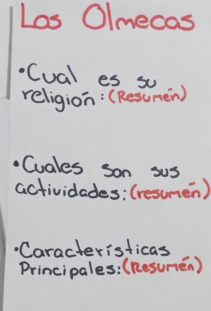 Los Olmecas 
Cual es so 
religion: (Resumen) 
Cuales son sus 
actividades: (resmmen) 
"Caracteristicas 
Principales:(Resumén)