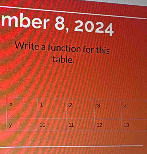 mber 8, 2024 
Write a function for this 
table.