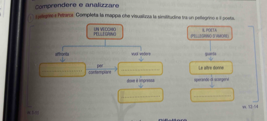 Comprendere e analizzare 
Il pellegrino e Petrarca Completa la mappa che visualizza la similitudine tra un pellegrino e il poeta. 
UN VECCHIO IL POETA 
PELLEGRINO (PELLEGRINO D'AMORE) 
affronta vuol vedere guarda 
_ 
per _Le altre donne 
contemplare 
dove è impressa sperando di scorgervi 
_ 
_ 
vv. 12 -14 
W. 1-11