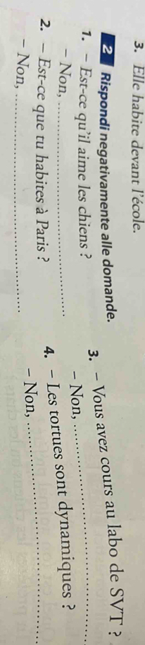 Elle habite devant l’école.
3. - Vous avez cours au labo de SVT ?
Rispondi negativamente alle domande.
1. - Est-ce qu’il aime les chiens ?_
- Non,
- Non,_
2. - Est-ce que tu habites à Paris ?_
4. - Les tortues sont dynamiques ?
- Non,_
- Non,