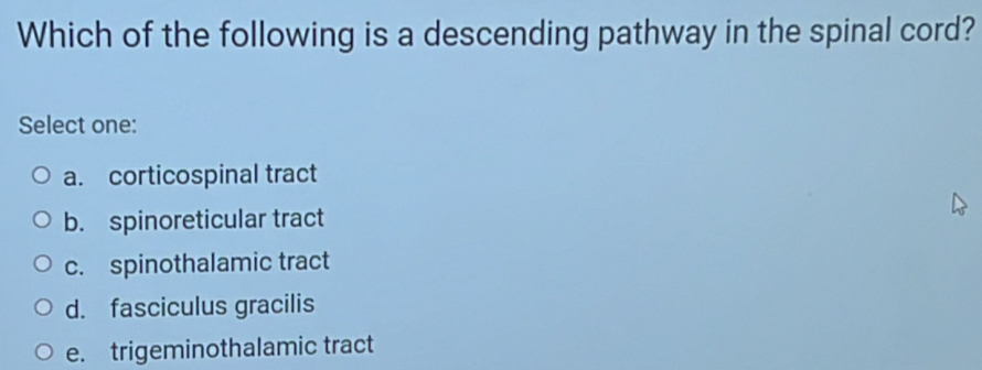 Which of the following is a descending pathway in the spinal cord?
Select one:
a. corticospinal tract
b. spinoreticular tract
c. spinothalamic tract
d. fasciculus gracilis
e. trigeminothalamic tract