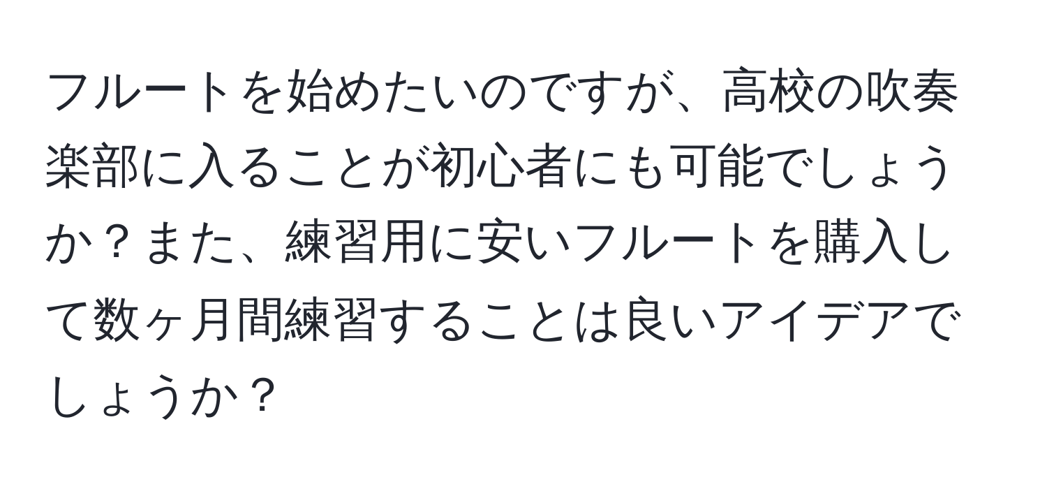 フルートを始めたいのですが、高校の吹奏楽部に入ることが初心者にも可能でしょうか？また、練習用に安いフルートを購入して数ヶ月間練習することは良いアイデアでしょうか？