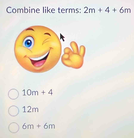 Combine like terms: 2m+4+6m
10m+4
12m
6m+6m