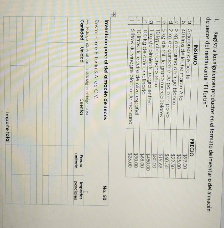 Registra los siguientes productos en el formato de inventario del almacén 
de secos del restaurante “El fortín”.